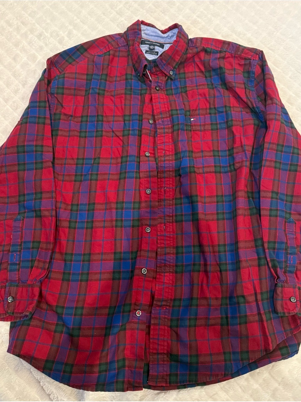 Tommy Hilfiger Red and Green Plaid Shirt with Navy Trim